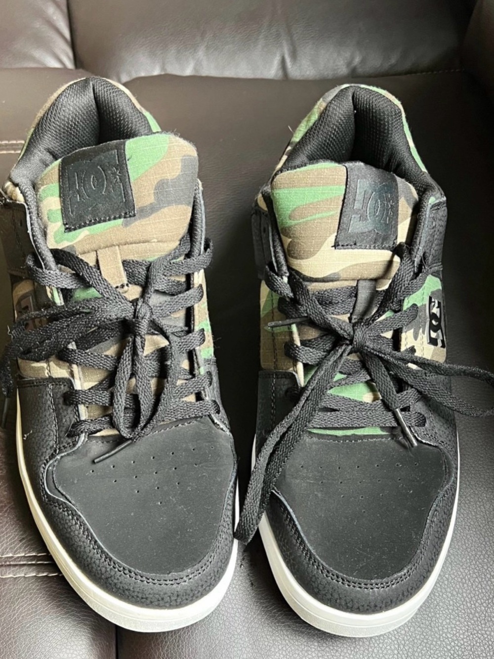 DC Men’s Black and Green Camo Low-Top Skate Sneakers